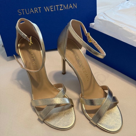 Stuart Weitzman Nudistsong Cross Gold NIB 9 Stiletto Sandal - Picture 1 of 11